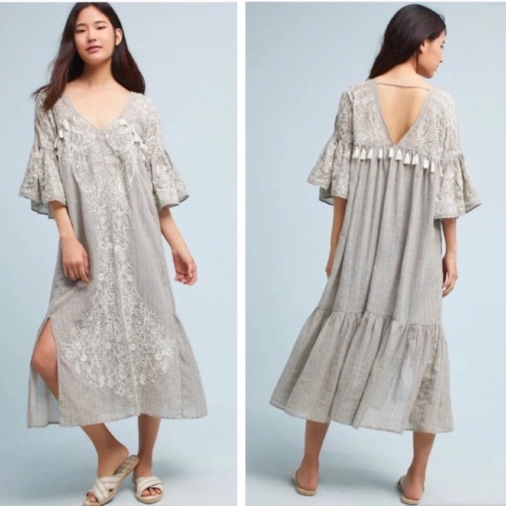 Anthropologie Maeve Light Blue Gray Boho Tassel Embroidered Dress Size 0 ⭐️